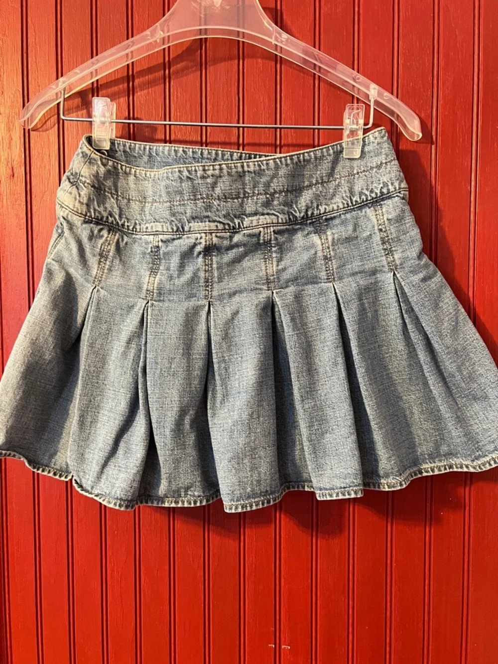 Vintage Ralph Lauren Light Blue Denim Pleated Skater Skirt with Side Buttons 14